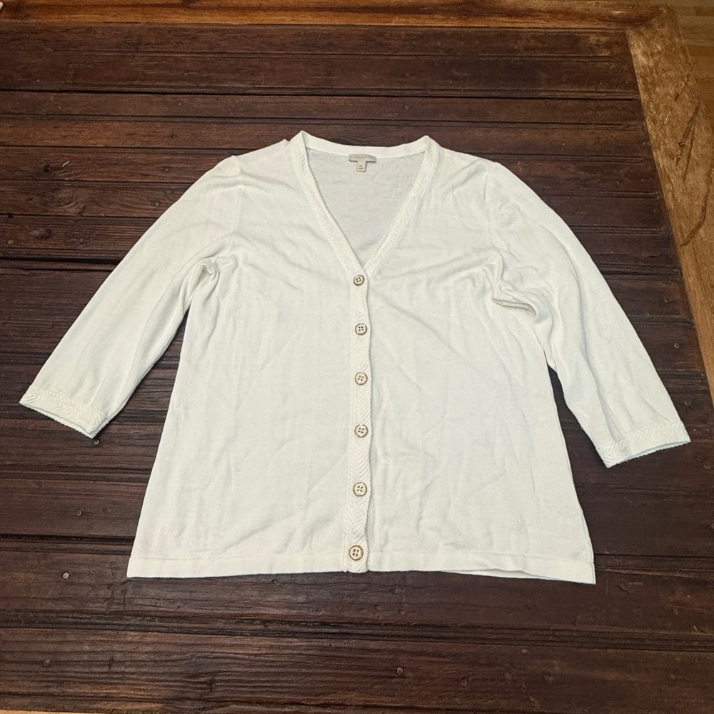 Talbots Petites White V-Neck Cardigan Sweater 3/4 Sleeve Size MP Cotton Blend